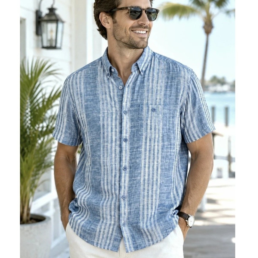 Weatherproof Vintage Button Down Mens XL Blue Excellent Linen Blend Striped